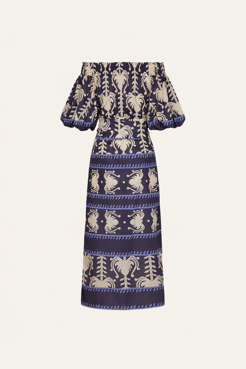 johanna ortiz blue dress JOHANNA ORTIZ Gotas De Fuego Cutout Draped Floral-Jacquard Blue Midi D