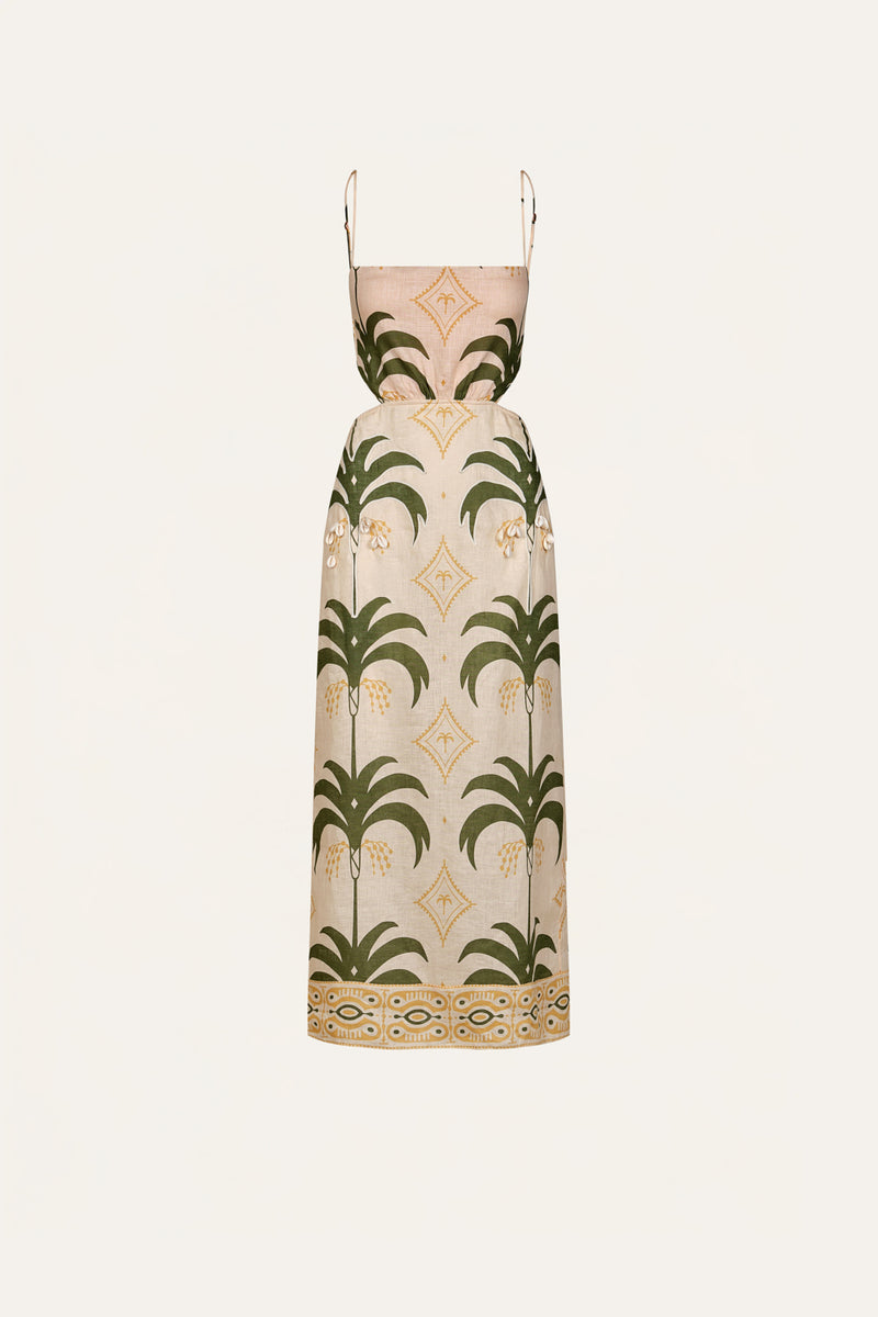 johanna ortiz dress green Tactile Winds Printed Embellished Linen Midi Dress, Ecru Gre, Women's, 10 promo:full-price